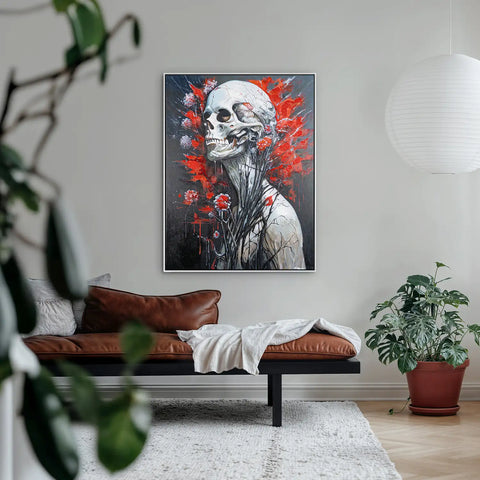 Leinwandbild handgemalt mit Acrylfarbe und Strukturpaste im Hochformat, Wo das Fleisch verstummt, 90x120 mit Bilderrahmen in Eiche Dunkel