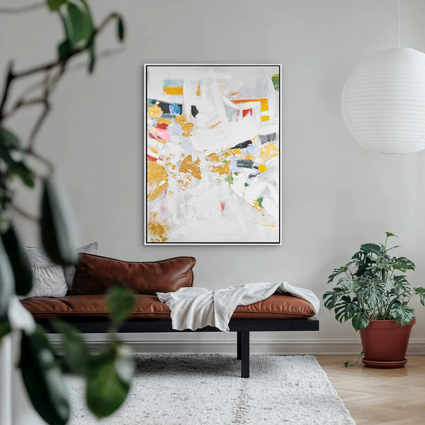 Leinwandbild handgemalt mit Acrylfarbe und Strukturpaste im Hochformat, Fragmente der Wahrheit, 90x120 mit Bilderrahmen in Eiche Dunkel