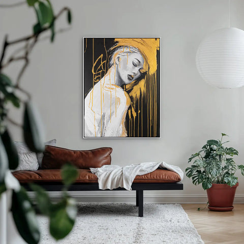 Leinwandbild handgemalt mit Acrylfarbe und Strukturpaste im Hochformat, Das goldene Schweigen, 90x120 mit Bilderrahmen in Eiche Dunkel