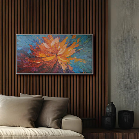 Leinwandbild handgemalt mit Acrylfarbe und Strukturpaste im Panorama, Balance im Chaos, 70x140 mit Bilderrahmen in Eiche Dunkel