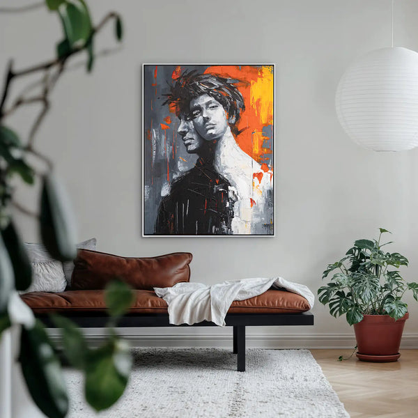 Leinwandbild handgemalt mit Acrylfarbe und Strukturpaste im Hochformat, Romulus and Remus, 90x120 mit Bilderrahmen in Eiche Dunkel