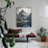 Leinwandbild handgemalt mit Acrylfarbe und Strukturpaste im Hochformat, Zwischen Berg und See, 90x120 mit Bilderrahmen in Eiche Dunkel