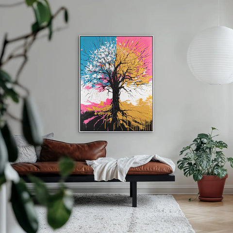 Leinwandbild handgemalt mit Acrylfarbe und Strukturpaste im Hochformat, Chromatischer Wipfel, 90x120 mit Bilderrahmen in Eiche Dunkel