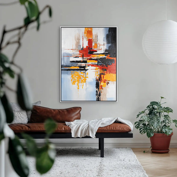 Leinwandbild handgemalt mit Acrylfarbe und Strukturpaste im Hochformat, Fragilitaet des Augenblicks, 90x120 mit Bilderrahmen in Eiche Dunkel