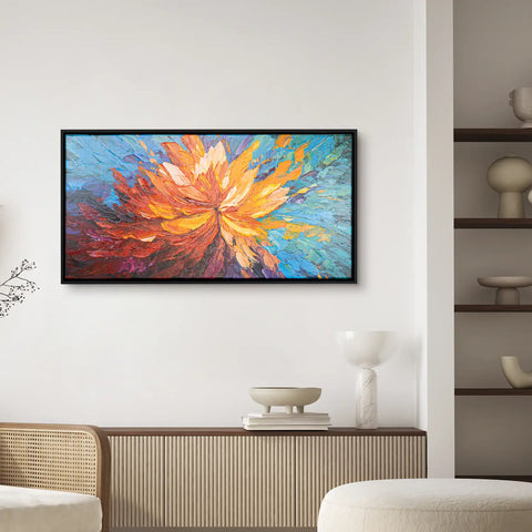 Leinwandbild handgemalt mit Acrylfarbe und Strukturpaste im Panorama, Balance im Chaos, 100x200 mit Bilderrahmen in Schwarz