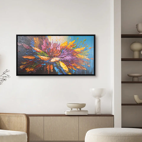 Leinwandbild handgemalt mit Acrylfarbe und Strukturpaste im Panorama, Tanz der Farben, 100x200 mit Bilderrahmen in Schwarz