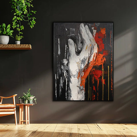 Leinwandbild handgemalt mit Acrylfarbe und Strukturpaste im Hochformat, Flamme des Willens, 150x200 mit Bilderrahmen in Schwarz