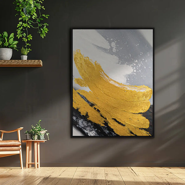 Leinwandbild handgemalt mit Acrylfarbe und Strukturpaste im Hochformat, Goldene Reflexionen, 150x200 mit Bilderrahmen in Schwarz