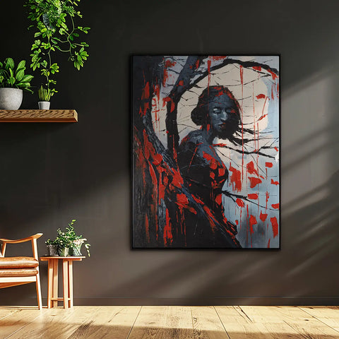 Leinwandbild handgemalt mit Acrylfarbe und Strukturpaste im Hochformat, Schwarze Phytomorphe, 150x200 mit Bilderrahmen in Schwarz