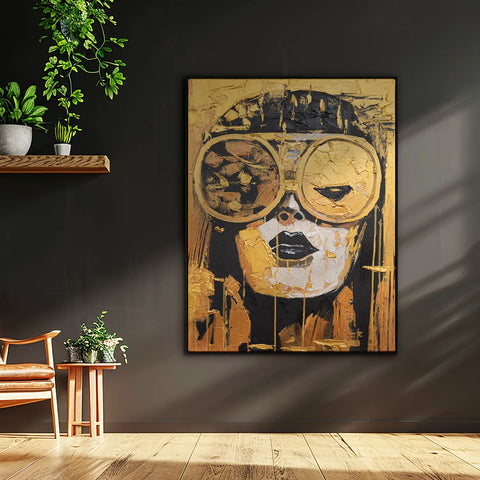 Leinwandbild handgemalt mit Acrylfarbe und Strukturpaste im Hochformat, Die Zukunft traegt Gold, 150x200 mit Bilderrahmen in Schwarz