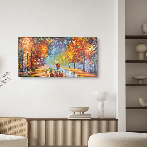 Leinwandbild handgemalt mit Acrylfarbe und Strukturpaste im Panorama, Der Weg des Lichts, 60x120 mit Bilderrahmen in Weiß