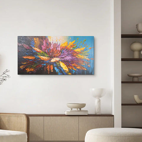 Leinwandbild handgemalt mit Acrylfarbe und Strukturpaste im Panorama, Tanz der Farben, 60x120 mit Bilderrahmen in Weiß