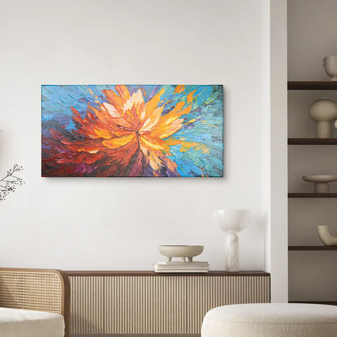 Leinwandbild handgemalt mit Acrylfarbe und Strukturpaste im Panorama, Balance im Chaos, 60x120 mit Bilderrahmen in Weiß