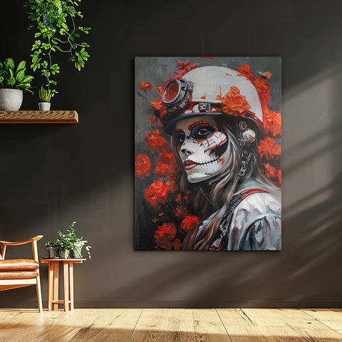 Leinwandbild handgemalt mit Acrylfarbe und Strukturpaste im Hochformat, Bluete der Schattenkriegerin, 75x100 mit Bilderrahmen in Weiß