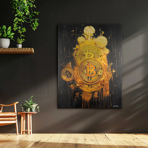 Leinwandbild handgemalt mit Acrylfarbe und Strukturpaste im Hochformat, Goldene Illusionen, 75x100 mit Bilderrahmen in Weiß