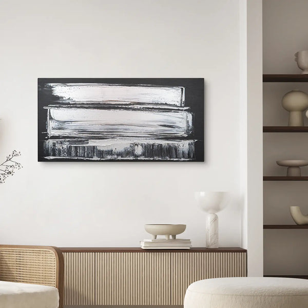 Leinwandbild handgemalt Gemälde mit Acrylfarbe und Strukturpaste im Panorama, Klang des Metalls, 120x60 mit Bilderrahmen in Weiß