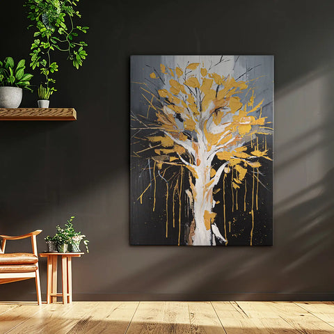 Leinwandbild handgemalt mit Acrylfarbe und Strukturpaste im Hochformat, Golden Leaves, 75x100 mit Bilderrahmen in Weiß
