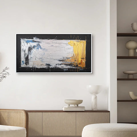 Leinwandbild handgemalt Gemälde mit Acrylfarbe und Strukturpaste im Panorama, Verschmelzen der Elemente, 140x70 mit Bilderrahmen in Eiche Hell