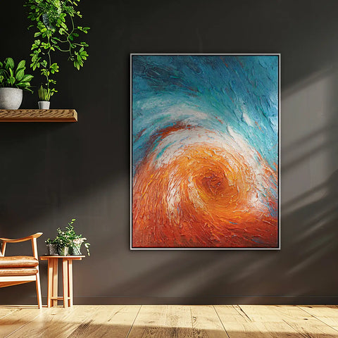 Leinwandbild handgemalt mit Acrylfarbe und Strukturpaste im Hochformat, Im Wirbel der Zeit, 90x120 mit Bilderrahmen in Eiche Hell