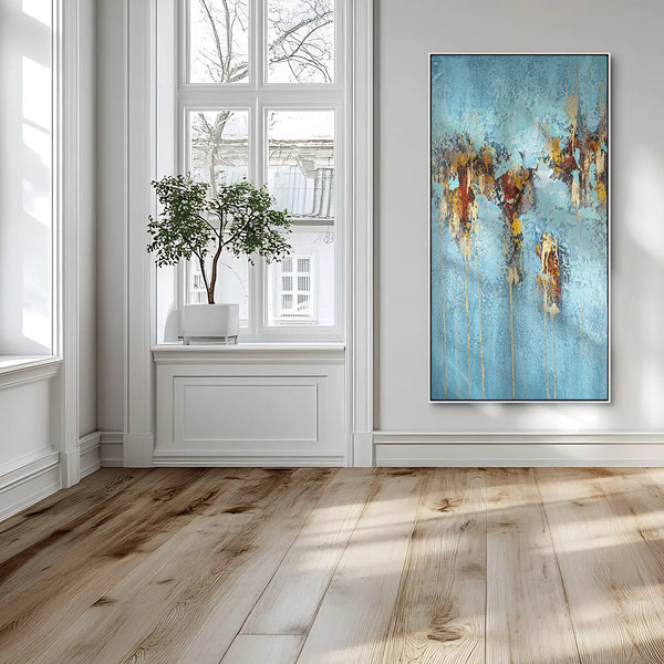 Leinwandbild handgemalt Gemälde mit Acrylfarbe und Strukturpaste im Hochformat, Zeitlose Seele, 70x140 mit Bilderrahmen in Eiche Hell