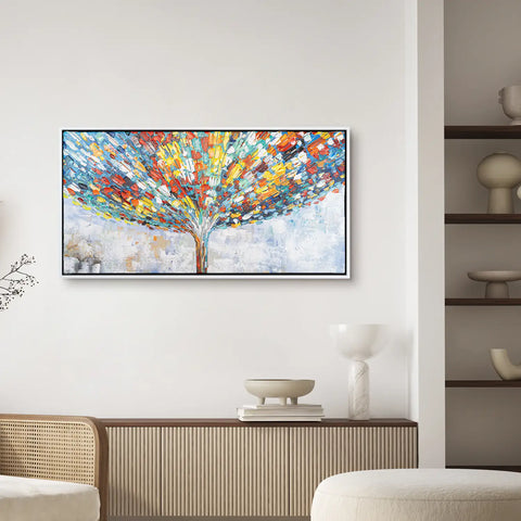 Leinwandbild handgemalt mit Acrylfarbe und Strukturpaste im Panorama, Klang der Stille, 70x140 mit Bilderrahmen in Eiche Hell