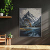 Leinwandbild handgemalt mit Acrylfarbe und Strukturpaste im Hochformat, Zwischen Berg und See, 90x120 mit Bilderrahmen in Eiche Hell