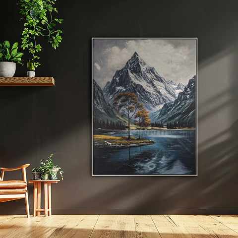 Leinwandbild handgemalt mit Acrylfarbe und Strukturpaste im Hochformat, Zwischen Berg und See, 90x120 mit Bilderrahmen in Eiche Hell