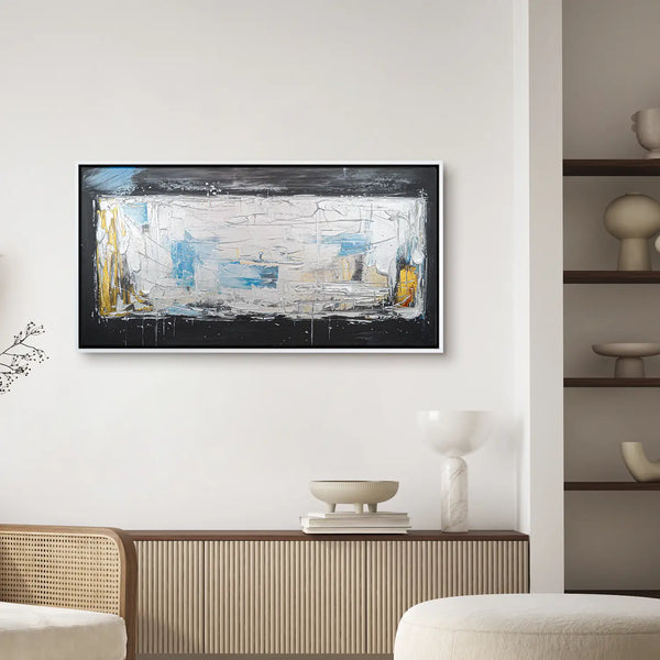 Leinwandbild handgemalt Gemälde mit Acrylfarbe und Strukturpaste im Panorama, Ewige Praesenz, 140x70 mit Bilderrahmen in Eiche Hell