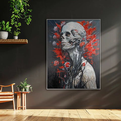 Leinwandbild handgemalt mit Acrylfarbe und Strukturpaste im Hochformat, Wo das Fleisch verstummt, 90x120 mit Bilderrahmen in Eiche Hell