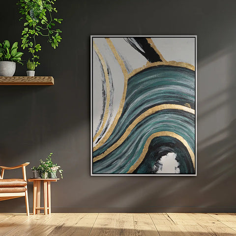 Leinwandbild handgemalt mit Acrylfarbe und Strukturpaste im Hochformat, Schleier der Wahrheit, 90x120 mit Bilderrahmen in Eiche Hell