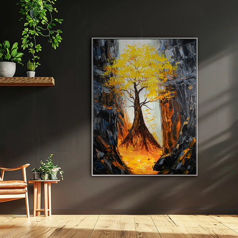 Leinwandbild handgemalt mit Acrylfarbe und Strukturpaste im Hochformat, Im Herz der Tiefe, 90x120 mit Bilderrahmen in Eiche Hell