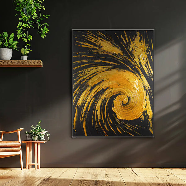 Leinwandbild handgemalt mit Acrylfarbe und Strukturpaste im Hochformat, Der Fall des Glanzes, 90x120 mit Bilderrahmen in Eiche Hell