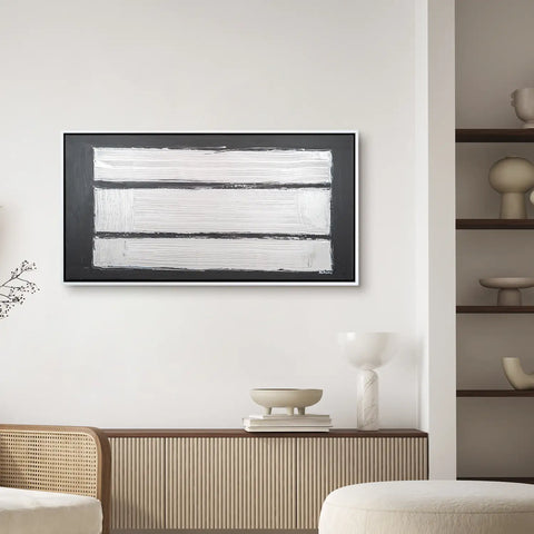 Leinwandbild handgemalt Gemälde mit Acrylfarbe und Strukturpaste im Panorama, Reflexion, 140x70 mit Bilderrahmen in Eiche Hell