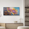 Leinwandbild handgemalt mit Acrylfarbe und Strukturpaste im Panorama, Tanz der Farben, 70x140 mit Bilderrahmen in Eiche Hell