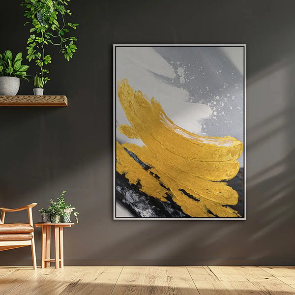 Leinwandbild handgemalt mit Acrylfarbe und Strukturpaste im Hochformat, Goldene Reflexionen, 90x120 mit Bilderrahmen in Eiche Hell