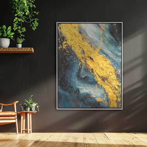 Leinwandbild handgemalt mit Acrylfarbe und Strukturpaste im Hochformat, Der Raum dazwischen, 90x120 mit Bilderrahmen in Eiche Hell