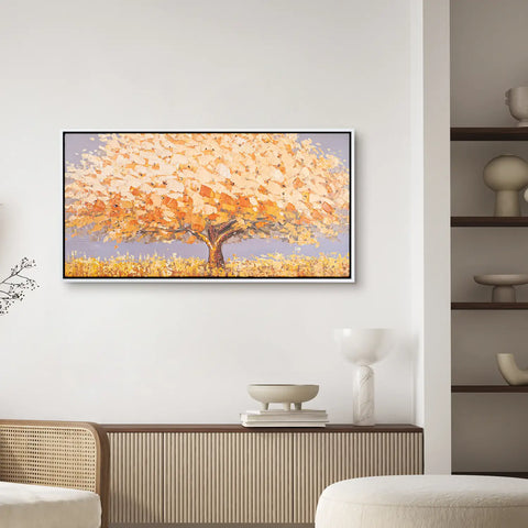 Leinwandbild handgemalt mit Acrylfarbe und Strukturpaste im Panorama, Dualitaet der Natur, 70x140 mit Bilderrahmen in Eiche Hell