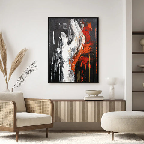 Leinwandbild handgemalt mit Acrylfarbe und Strukturpaste im Hochformat, Flamme des Willens, 150x200 mit Bilderrahmen in Eiche Dunkel