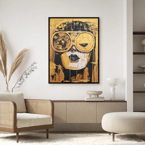 Leinwandbild handgemalt mit Acrylfarbe und Strukturpaste im Hochformat, Die Zukunft traegt Gold, 150x200 mit Bilderrahmen in Eiche Dunkel