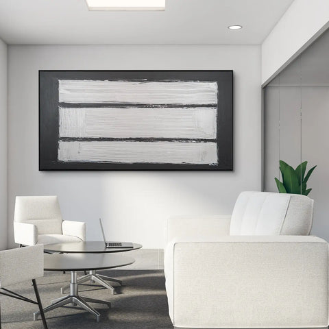 Leinwandbild handgemalt Gemälde mit Acrylfarbe und Strukturpaste im Panorama, Reflexion, 200x100 mit Bilderrahmen in Eiche Dunkel