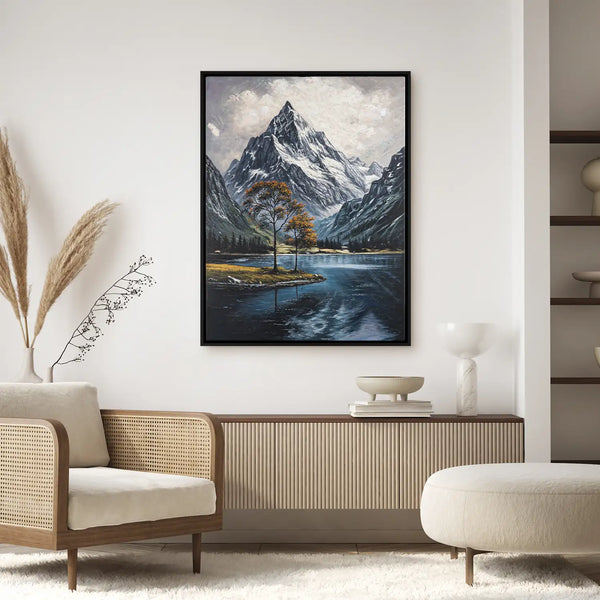 Leinwandbild handgemalt mit Acrylfarbe und Strukturpaste im Hochformat, Zwischen Berg und See, 150x200 mit Bilderrahmen in Eiche Dunkel