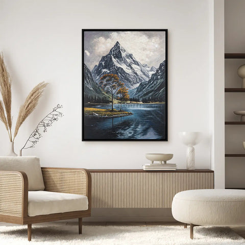 Leinwandbild handgemalt mit Acrylfarbe und Strukturpaste im Hochformat, Zwischen Berg und See, 150x200 mit Bilderrahmen in Eiche Dunkel