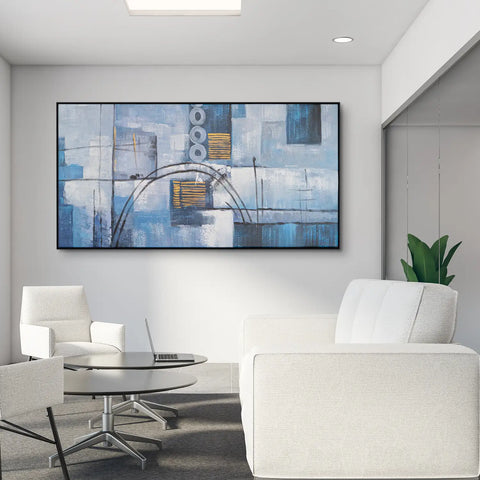 Leinwandbild handgemalt mit Acrylfarbe und Strukturpaste im Panorama, Wege der Intuition, 100x200 mit Bilderrahmen in Eiche Dunkel
