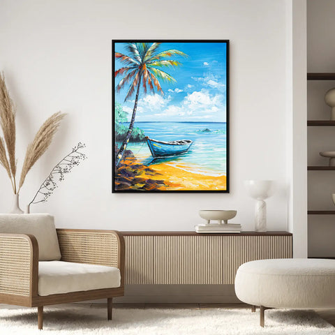 Leinwandbild handgemalt mit Acrylfarbe und Strukturpaste im Hochformat, Flucht in die Stille, 150x200 mit Bilderrahmen in Eiche Dunkel