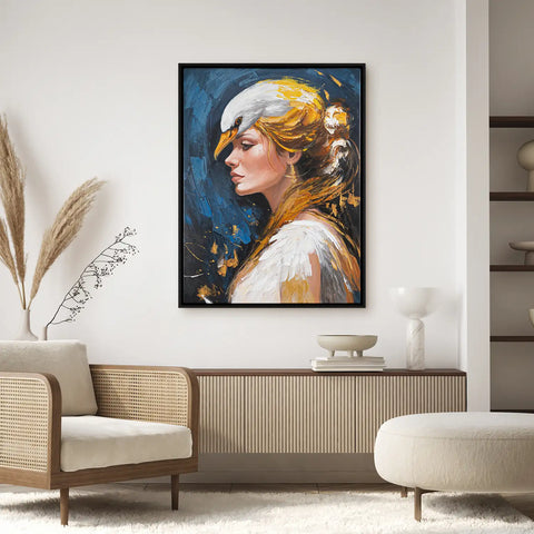 Leinwandbild handgemalt mit Acrylfarbe und Strukturpaste im Hochformat, Schwanenkoenigin, 150x200 mit Bilderrahmen in Eiche Dunkel