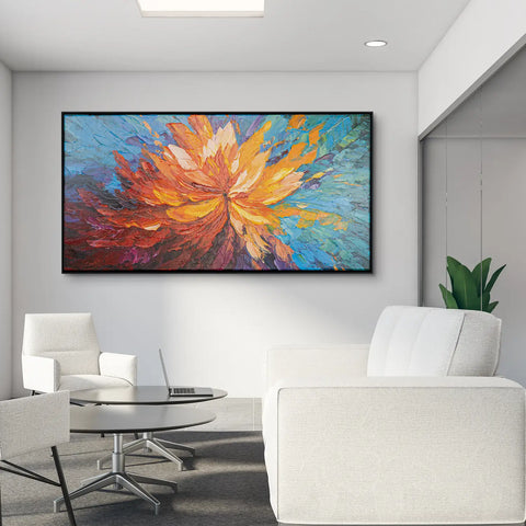 Leinwandbild handgemalt mit Acrylfarbe und Strukturpaste im Panorama, Balance im Chaos, 100x200 mit Bilderrahmen in Eiche Dunkel