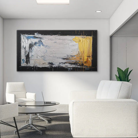 Leinwandbild handgemalt Gemälde mit Acrylfarbe und Strukturpaste im Panorama, Verschmelzen der Elemente, 120x60 mit Bilderrahmen in Schwarz