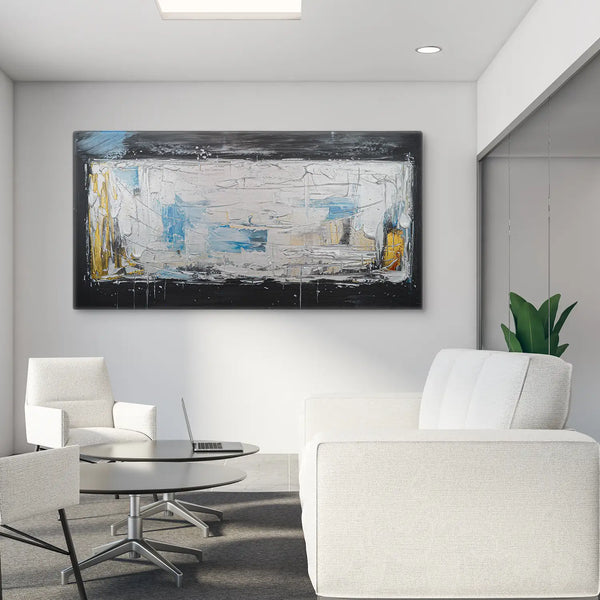 Leinwandbild handgemalt Gemälde mit Acrylfarbe und Strukturpaste im Panorama, Ewige Praesenz, 120x60 mit Bilderrahmen in Schwarz