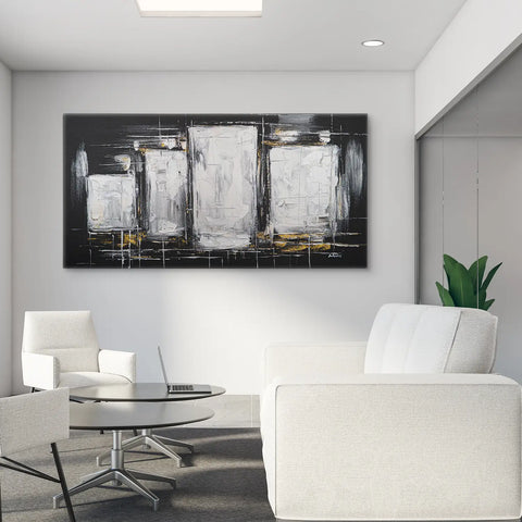 Leinwandbild handgemalt Gemälde mit Acrylfarbe und Strukturpaste im Panorama, Dunkle Eleganz, 120x60 mit Bilderrahmen in Schwarz