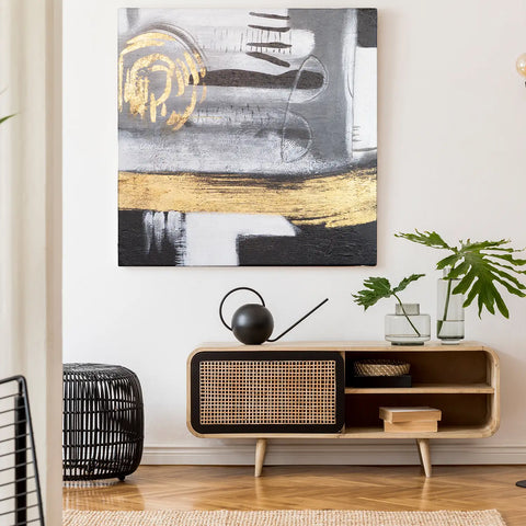 Leinwandbild handgemalt mit Acrylfarbe und Strukturpaste im Quadratisch, Goldenes Jetzt, 80x80 mit Bilderrahmen in Schwarz